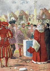 I. Francois francia király pózol a Hotel de Ville de paris első kövéről, amelyet Boccador olasz építész rajzolt