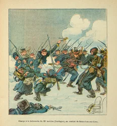 Eugene Sergeant, Grenest néven ismert Loire armee, Louis Bombled (1862-1927) illusztrálásával (francia-német háború; hadjárat 1870-1871): roham a 22. mobil (Dordogne) bajonettjére a csatában Saint Jean sur Evre 1871 januárjában, P