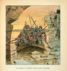 A Loire armee, Eugene Sergent, Grenest, Louis Bombled (1862-1927) illusztrálásával (francia-német háború; 1870-1871-es hadjárat): Cathelineau tábornok, a vendee-i francia-német lövészek parancsnoka áthaladt a Loire-n decemberben Chateauneufbe