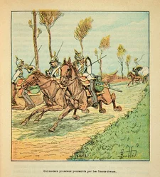 Eugene Sergent, Grenest néven ismert, Louis Bombled (1862-1927) által illusztrált A Loire menti hadsereg (francia-német háború; 1870-1871-es hadjárat): A fricisták által üldözött porosz kuruzslók 1870 októberében, magántulajdon.