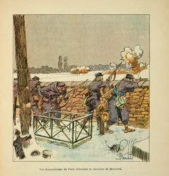 Eugene Sergent, Grenest néven ismert Loire armee, Louis Bombled (1862-1927) illusztrálásával (francia-német háború; hadjárat 1870-1871): A párizsi francia lövészek megvédik a Montsort (Alencon) temetőt januárban 1871, Magángyűjtemény