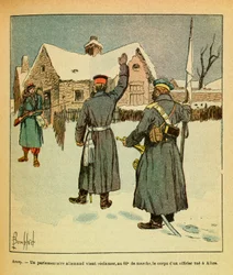Eugene Sergeant keleti hadereje, Grenest mellett, Louis Bombled (1862-1927) illusztrálásával (francia-német háború; kampány 1870-1871): 1871. január – Arcey, egy német parlamenti képviselő a 60. menetben visszaszerzi a holttestet egy tiszt öl Aibre-ben