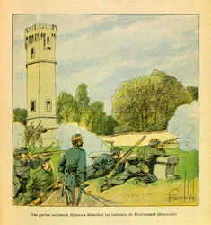 Eugène Sergeant, más néven Grenest keleti hadserege, Louis Bombled (1862-1927) illusztrációival (francia-porosz háború; az 1870-1871-es hadjárat): Dijon védelme 1870 októberében, a dijoni nemzetőrök védik Montmusard magaslatait, magángyűjtemény