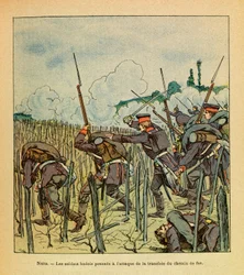 Eugene Sergeant keleti hadereje, Grenest néven, Louis Bombled (1862-1927) illusztrálásával (francia-német háború; hadjárat 1870-1871): Éjszakai csata Saint Georges-ban; A badois katonák 1870 decemberében támadták meg a vasúti szakaszt, közkatona