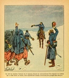 Eugène Sergeant, azaz Grenest Keleti hadserege, Louis Bombled (1862-1927) illusztrációival (francia-porosz háború; az 1870-1871-es hadjárat): A 4. zuávezred Barberet-zászlóaljainak parancsnokát átvezénylik egy olyan mozgó nemzetőrezred élére, amely azt