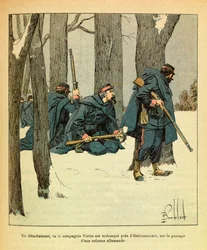 Eugene Sergeant keleti hadereje, Grenest néven, Louis Bombled (1862-1927) által illusztrálva (francia-német háború; hadjárat 1870-1871): 1871 januárjában a Viette Társaság egy különítményét lesben csapták Herimoncourt közelében, a folyosón. egy német oszlo