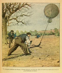 Eugene Sergeant keleti hadereje, Grenest néven, Louis Bombled (1862-1927) illusztrálásával (francia-német háború; hadjárat 1870-1871): Éjszakai csata Saint Georges-ban; a parasztok egy megfigyelő léggömböt próbálnak tartani, Magángyűjteményt