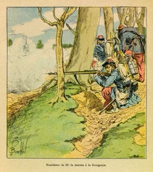 Eugene Sergeant keleti hadereje, Grenest néven ismert, Louis Bombled (1862-1927) illusztrálásával (francia-német háború; 1870-1871-es hadjárat): Dupre tábornok parancsa alatt, a 32. felvonulás cipésze a csatában La Bourgonce 1870 októberében, Priva