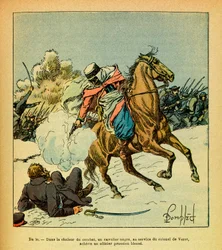 Eugène Sergeant, Grenest néven ismert keleti hadserege, Louis Bombled (1862-1927) illusztrációjával (francia-porosz háború; az 1870-1871-es hadjárat): 1871. január, egy De Vezet ezredes szolgálatában álló fekete lovas végez egy sebesült porosz tiszttel
