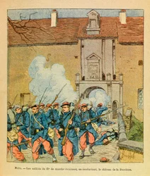 Eugene Sergeant keleti hadereje, Grenest néven, Louis Bombled (1862-1927) illusztrálásával (francia-német háború; hadjárat 1870-1871): Éjszakai Saint Georges-i csata; a 32, eme de marche katonái a La Berc vára elleni harc közben evakuálnak