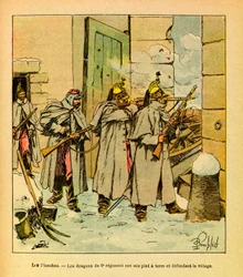 Eugene Sergeant keleti hadserege, Grenest néven, Louis Bombled (1862-1927) illusztrációjával (francia-német háború; 1870-1871-es hadjárat): Les Plches faluban a 6. ezred sárkányai védik a falut, Gyűjtemény Részlegesen