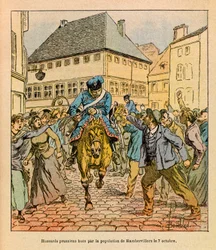 Eugene Sergeant keleti hadereje, Grenest néven, Louis Bombled (1862-1927) illusztrálásával (francia-német háború; 1870-1871-es kampány): porosz avantgárd színárnyalat Rambervillers lakossága által október 7-én