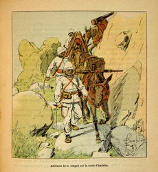A madagaszkári háború – Az 1885-1895-ös francia expedíciók anekdotikus története, Henri Galli dit Galllichet (1854-1922), illusztrálta: Louis Bombled (1862-1927): Hegyi tüzérség az Andriba úton Madagaszkár felé 1895-ben, Magángyűjtemény
