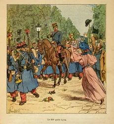 A madagaszkári háború – Az 1885-1895-ös francia expedíciók anekdotikus története, Henri Galli dit Galllichet (1854-1922), illusztrálta: Louis Bombled (1862-1927): A 200. sor Lyonból Madagaszkárra indul 1895-ben, Magángyűjtemény