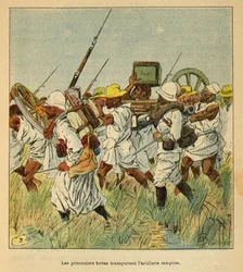 A madagaszkári háború - Az 1885-1895-ös francia expedíciók anekdotikus története Henri Galli dit Galllichet (1854-1922), illusztrálta Louis Bombled (1862-1927): Foglyok Hovas tüzérségi darabok szállítására használt Hovas, magángyűjtemény.
