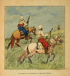 A madagaszkári háború – Az 1885-1895-ös francia expedíciók anekdotikus története, Henri Galli dit Galllichet (1854-1922), illusztrálta: Louis Bombled (1862-1927): Az afrikai csendőrök és vadászok elismerése Madagaszkáron 1895-ben, Magángyűjtemény