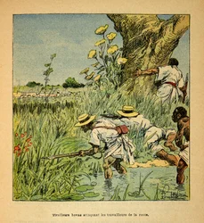 A madagaszkári háború - Az 1885-1895-ös francia expedíciók története, írta Henri Galli dit Galllichet (1854-1922), illusztrálta Louis Bombled (1862-1927): Hovas Tirailleurs az utat építő katonaságot támadja 1895-ben, magángyűjtemény