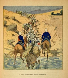 A madagaszkári háború - Az 1885-1895-ös francia expedíciók története Henri Galli dit Galllichet (1854-1922), Louis Bombled (1862-1927) illusztrációjával: katonai konvoj a Suberbieville felé vezető úton 1895-ben, magángyűjtemény.