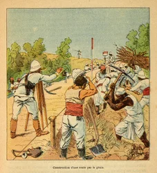 A madagaszkári háború - Az 1885-1895-ös francia expedíciók anekdotikus története Henri Galli dit Galllichet (1854-1922), illusztrálta Louis Bombled (1862-1927): Egy út építése Madagaszkáron Genie által 1895-ben, Magántulajdon.