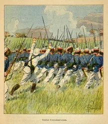 A madagaszkári háború - Az 1885-1895-ös francia expedíciók anekdotikus története Henri Galli dit Galllichet (1854-1922), illusztrálta Louis Bombled (1862-1927): Francia csapatok az 1895-ös antanamitaranai harcok során, magángyűjtemény.