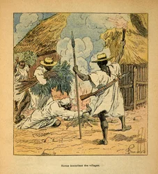 A madagaszkári háború – Az 1885-1895-ös francia expedíciók anekdotikus története, Henri Galli dit Galllichet (1854-1922), illusztrálta Louis Bombled (1862-1927): Hovas égő falvak, Magángyűjtemény