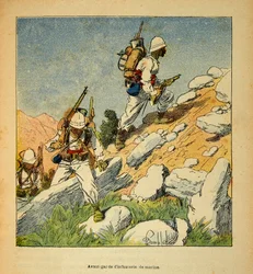 A madagaszkári háború – Az 1885-1895-ös francia expedíciók anekdotikus története, Henri Galli dit Galllichet (1854-1922), illusztrálta: Louis Bombled (1862-1927): A gyalogság avantgárdja Madagaszkáron 1895-ben, Magángyűjtemény