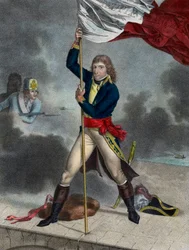 Napóleon Bonaparte az arcole-i (arcolai) híd csatájában, 1796 novemberében - Buonaparte tábornok, az itáliai hadsereg főparancsnoka 1796-ban zászlót tűz ki az arcole-i hídon - Louis Charles Ruotte metszete