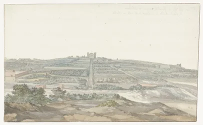 Kilátás a nagymester Vedala-palotájára, amely a máltai Boschettoban található Vue de Boschetto, maison de plaisance du Grand-Maître, à 2 liesus de la ville de Malthe (cím a tárgyon) Voyage en Italy, en Sicile et à Malte – 1778 (sorozat címe)