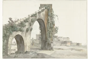 Gezicht op aquaduct en de stad Taranto Kilátás az Aquaductra és Taranto városára (cím a tárgyon) Utazások Olaszországban, Szicíliában és Máltán - 1778 (sorozat címe)