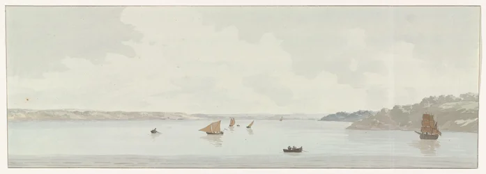 Gezicht op een deel van het Mare Piccolo Kilátás a Mare Piccolo egy részére, ahol volt a régi híd, a Galesus torkolata (cím a tárgyon) Utazások Olaszországban, Szicíliában és Máltán - 1778 (sorozat címe)