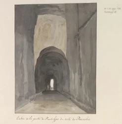 Ingang van grot Crypta Neapolitana (a Grotta di Posillipo) és a kust van Pozzuoli A Pozzuoli melletti Pausilype-barlang bejárata (cím az objektumon) Utazások Olaszországban, Szicíliában és Máltán - 1778 (sorozat címe)