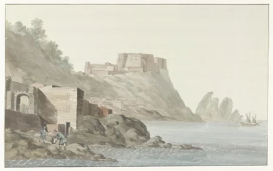 Burps in stad Scilla in de regio Calabrië aan de oostkust Rock & Town of Scilla Calabriában; kilátás a keleti oldalról (cím a tárgyon) Utazások Olaszországban, Szicíliában és Máltán - 1778 (sorozat címe)