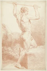 Tanulmány egy férfi aktról, egyik térdén, bottal a feje fölött