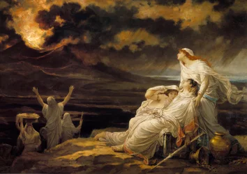Herculaneum (79. augusztus 23.): a Vezúv kitörése által elpusztított ókori város és a dombra menekülő lakosok - Louis Hector Leroux (1829-1900) festménye