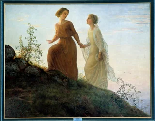 A lélek verse; A hegyen egy fiatal nő egy múzsa kíséretében mászik hegyet lírai hangulatban. Louis Janmot (1814-1892) festménye XIX. Lyon, Musee Des Beaux Arts - A lélek költeménye - A hegyen: egy fiatal nő accom