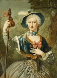Háromnegyed hosszú, zarándoknak öltözött, kék bélésű szalmakalapot és tollat viselő hölgy portréja, 1747