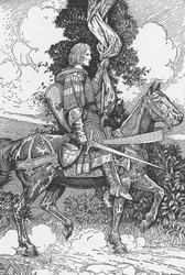 Sir Tristam lovaglás a Tintagil kastélyba Louis Rhead (1858-1926) illusztrációja az „Artúr király és lovagjai” című művéből, 1923 Magángyűjtemény