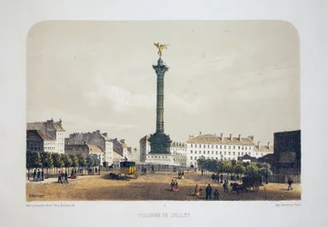 júliusi oszlop (Place de la Bastille), Párizs. Litográfiai akvarell, Arnout illusztrációja, „Album, souvenirs de Paris”-ban, Daziaro szerkesztő, Párizs