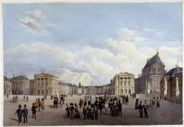 A Versailles-i palota főudvara - a „Séta Párizsban és környékén” című műben, amelyet Jacottet és Benoist tervezett, kb. 1840