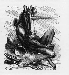 Amdusias, démon az Ars Goetiában - Amdusias - a goétikus hiedelmekből, a démonidézés művészetéből és gyakorlatából eredő démon - Collin de Plancy „Pokolbeli szótár” című művében - L. Breton metszete. Párizs