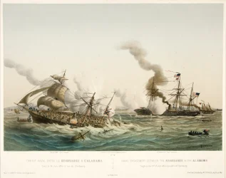 Combat Naval entre le Kearsage & l?Alabama, pub. 1864 (színes litográfia)