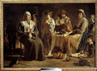 Parasztcsalád belső térben. Louis Le Nain (1593-1648) festménye, 1642. Nap. 1,13 x 1,59 m, Párizs, Musée du Louvre