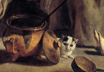 Parasztcsalád egy belső térben, macska és réz edényeket ábrázoló részlet. Nain Lajos (1593-1648) festménye XVII