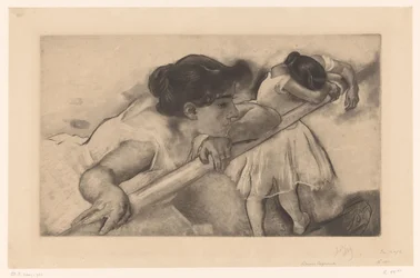 Két balerina egy balettkamrában En nage (cím az objektumon) Fiatal balerinák (sorozat címe) Les Petites du Ballet (sorozat címe)