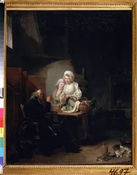 ""Az öreg lelkész"" (egy régi lelkész) Két nő segít egy régi lelkésznek a konyhában. Louis-Leopold (Louis Leopold) Boilly (1761-1845) festménye 1785-1800 Puskin Múzeum, Moszkva