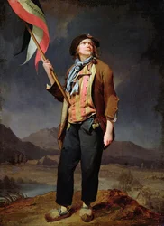 Simon Chenard (1758-1832) énekes portréja sans culotte jelmezben, zászlót hordozó Savoyai Szabadság Napján, 1792. október 14."" Louis Leopold Boilly (1761-1845) festménye. 1792. Mérete 0,33x0,22 m. Párizs, Carnavalet Múzeum