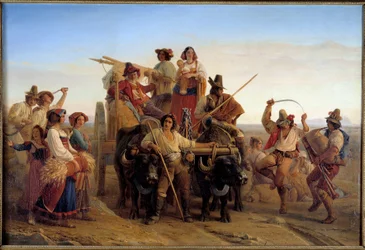 Aratógépek érkezése a Róma melletti pontins-mocsarakba (Agro Pontino) Louis Leopold Robert (1794-1835) festménye 1830 V. 1,41x2,12 m