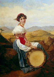 Egy paraszt portréja Róma vidékéről Egy fiatal olasz zenész, aki tamburát tart. Louis Leopold Robert (1794-1835) festménye 1824 Dim. 0,46 x 0,37 m.
