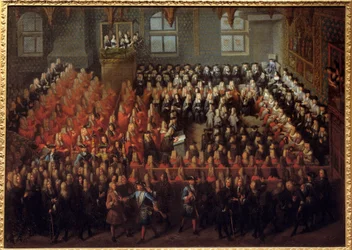 XV. Lajos (1710-1774) igazságszolgáltatási ágya a párizsi parlament nagytermében, hogy megszegje XIV. Lajos (1638-1715) akaratát