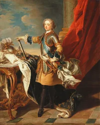 XV. Lajos király portréja, egész alakos, félpáncélt viselve,